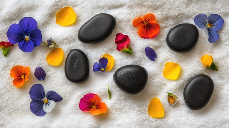 A simple yet elegant arrangement of black spa stones and colorful flower petals on a white towel.の素材