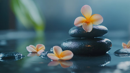 A set of stacked spa stones with a few delicate flower petals placed around them, creating a relaxing vibe.の素材