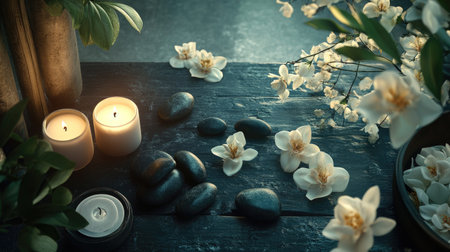 A spa table with black stones, white flowers, and candles, evoking a luxurious, calming environment.の素材