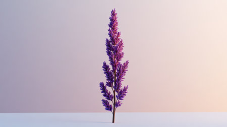 A small lavender sprig with a gradient of purple hues, standing upright against a white surface.の素材