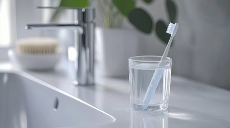 A side view of a toothbrush beside a clear glass of water on a white bathroom countertop.の素材