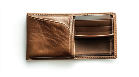 A top-down view of an empty wallet with sleek compartments and no cash or cards inside, isolated on white.の素材