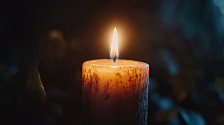A single candle with a tall flame glowing in the center, surrounded by a deep black background for contrast.の素材