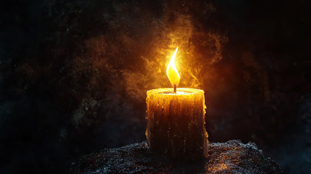 A single candle with a tall flame glowing in the center, surrounded by a deep black background for contrast.の素材