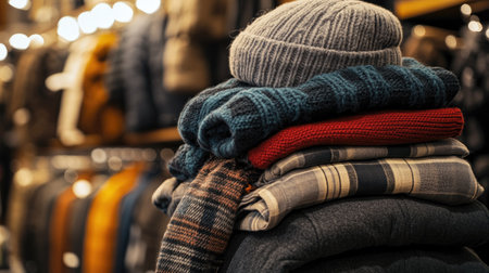 A stack of jackets, scarves, and hats layered together in a winter-themed store display, ready for cold weather.の素材