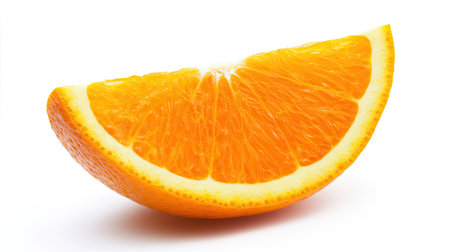 A single orange slice with a balanced composition, showing a fresh and juicy texture, isolated on white.の素材