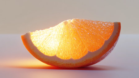 A slightly tilted orange slice with fresh pulp and a glowing citrus hue, isolated on white.の素材