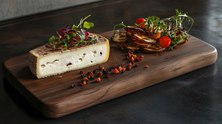 A stylish food presentation with a wedge of Maasdam cheese, perfectly cut slices, and a hint of garnish on a serving board.の素材