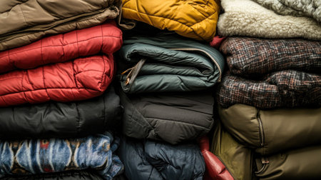 A stack of warm, insulated winter jackets in various styles and fabrics, creating a cozy display for winter shoppers.の素材
