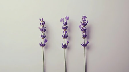 A single lavender sprig with fresh purple blossoms, arranged elegantly against a white background.の素材