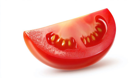 A thick-cut tomato slice with natural imperfections and a juicy texture, isolated on a seamless white background.の素材