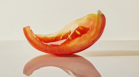 A sliced tomato with a slight curve, revealing its natural pulp and delicate seed pattern, isolated on a white background.の素材