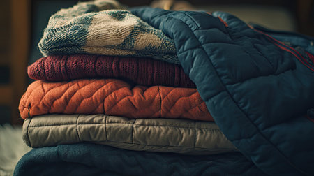 A stack of folded winter jackets in different textures and colors, with soft lighting highlighting their warmth.の素材