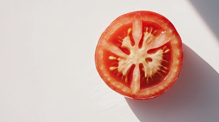 A top-down view of a single tomato slice with even lighting, showcasing its fresh, juicy details, isolated on white.の素材
