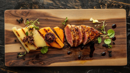 A stylish food presentation with a wedge of Maasdam cheese, perfectly cut slices, and a hint of garnish on a serving board.の素材