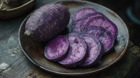 A traditional food presentation with a whole purple sweet yam and several cut slices placed on a ceramic plate.の素材