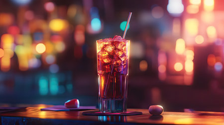 A tall cocktail glass with a straw, placed on a pedestal surrounded by soft, warm lighting for a stylish effect.の素材
