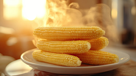 A stack of fresh baby corn on a plate with gentle steam rising, emphasizing warmth and freshness.の素材