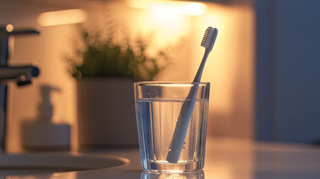 A toothbrush leaning against a glass filled with clean water, placed on a bathroom countertop with soft lighting.の素材