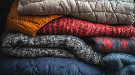 A stack of folded winter jackets in different textures and colors, with soft lighting highlighting their warmth.の素材