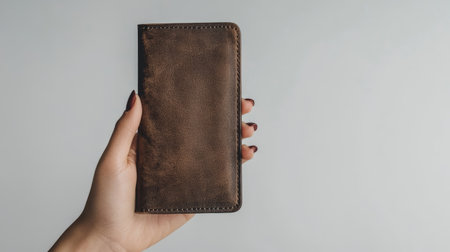 A stylish female hand with manicured nails holding a sleek leather wallet, isolated on a neutral white background.の素材