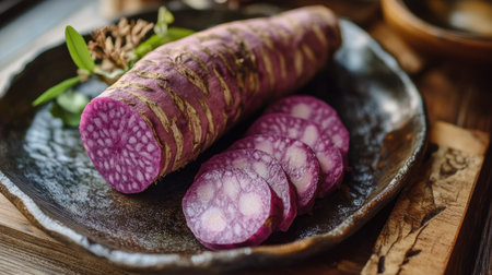A traditional food presentation with a whole purple sweet yam and several cut slices placed on a ceramic plate.の素材