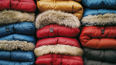 A stack of warm winter jackets with fur-lined collars, layered neatly in a clothing store for winter shoppers.の素材