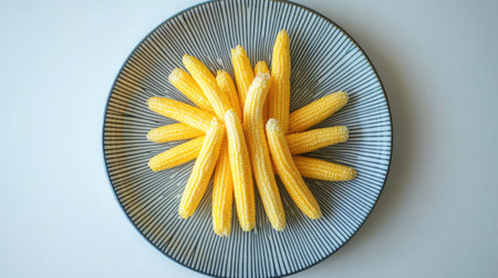 A top-down view of fresh baby corn on a round plate, neatly arranged in a radial pattern.の素材