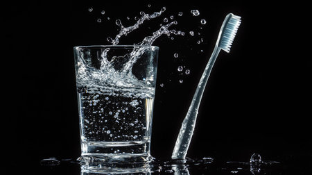 A toothbrush next to a glass of water with splashes on the side, creating a refreshing vibe.の素材