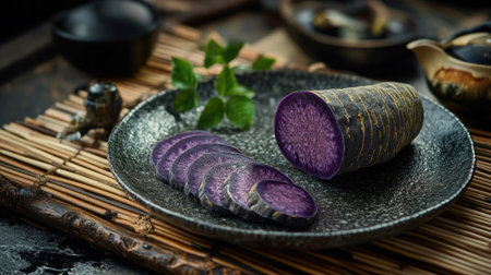 A traditional food presentation with a whole purple sweet yam and several cut slices placed on a ceramic plate.の素材