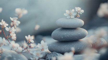 A stack of smooth spa stones with delicate flowers placed around them, creating a serene, calming atmosphere.の素材