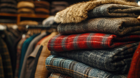 A stack of warm winter jackets with fur-lined collars, layered neatly in a clothing store for winter shoppers.の素材