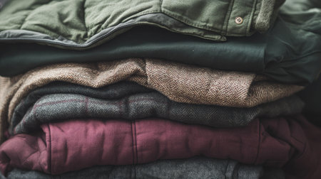 A stack of winter jackets in rich tones of dark green, maroon, and gray, showcasing a variety of styles for the season.の素材