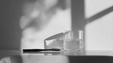 A toothbrush and a glass of water with gentle reflections on a bathroom sink, isolated on white.の素材