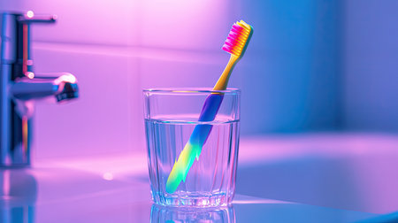 A toothbrush with colorful bristles leaning against a glass of water, with a sleek bathroom backdrop.の素材