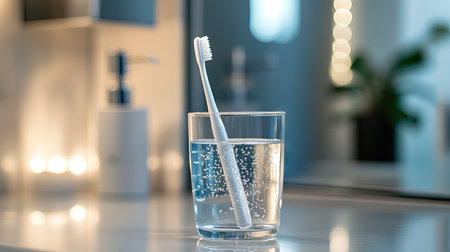 A toothbrush leaning against a glass filled with clean water, placed on a bathroom countertop with soft lighting.の素材
