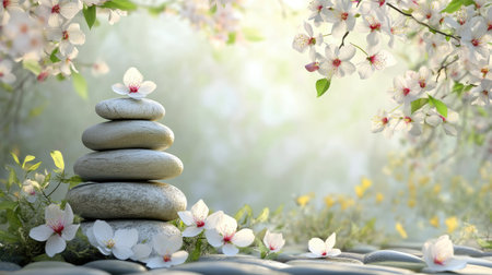 A tranquil scene of stacked stones and soft floral arrangements, creating an inviting atmosphere for relaxation.の素材