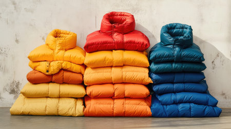 A stack of puffer jackets and insulated coats in bright winter colors, ready for sale in a fashion store.の素材
