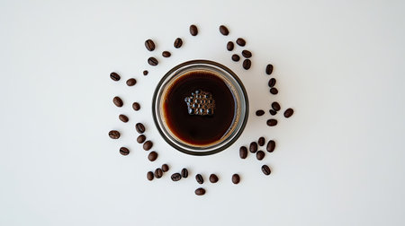 A top view of a coffee cup with coffee inside, surrounded by coffee beans, all placed on a clean white surface.の素材