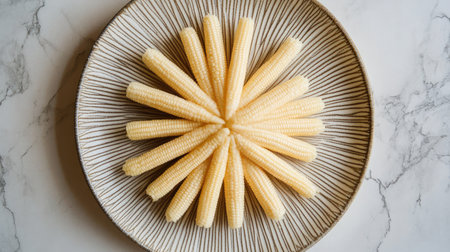 A top-down view of fresh baby corn on a round plate, neatly arranged in a radial pattern.の素材