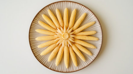 A top-down view of fresh baby corn on a round plate, neatly arranged in a radial pattern.の素材