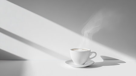 A steaming hot coffee cup placed on a white surface, the steam rising gently against the bright white background.の素材