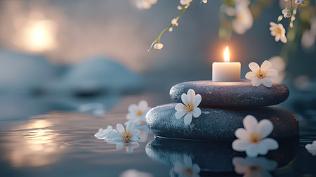 A tranquil spa setting with smooth stones, white flowers, and a flickering candle in the background for a calming effect.の素材