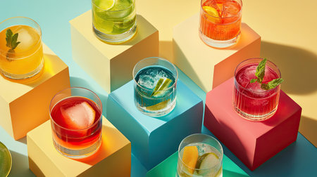 A top view of several glasses with alcoholic cocktails on podiums, each with a unique garnish and color.の素材