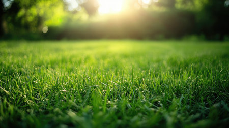 A soft green grass floor with gentle sunlight creating a calm atmosphere, ideal for eco-friendly or wellness imageryの素材
