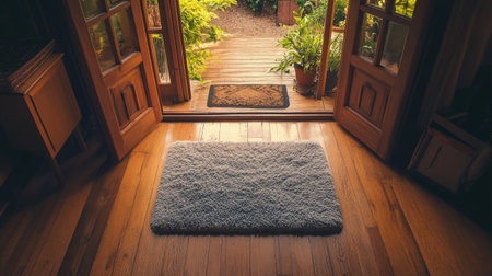A soft, plush doormat on a wooden floor in a rustic home, with an open door leading outsideの素材