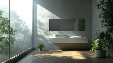 A spacious bathroom with a sleek white sink, frameless mirror, and large windows letting in natural lightの素材