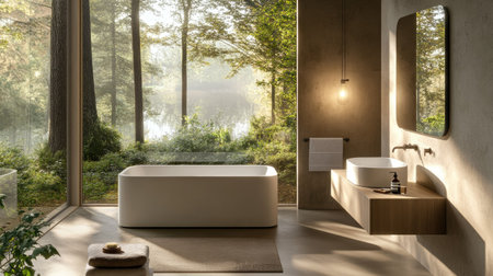 A spacious bathroom with a sleek white sink, frameless mirror, and large windows letting in natural lightの素材