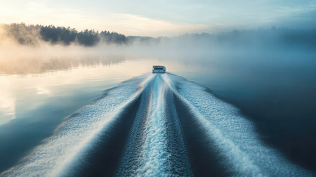 A speedboat leaving behind a mesmerizing wake trail as it glides across a glassy lake in the early morning mist.の素材