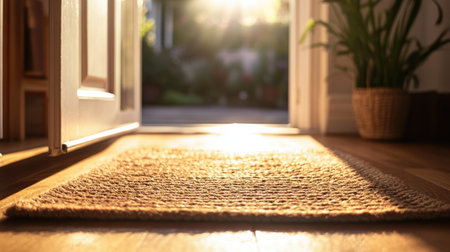 A warm and inviting doormat at the entrance to a living room, sunlight streaming in from the doorの素材